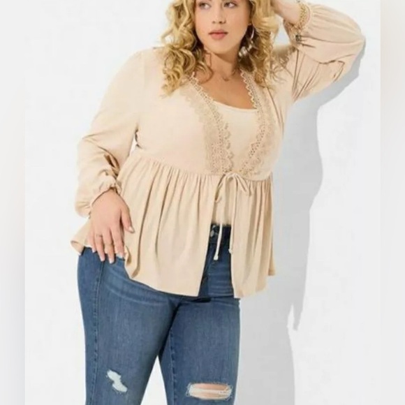 Torrid Super Soft Women's 3X Cardigan Top Frontal Tie Lace Trim Ribbed Beige - Picture 3 of 11